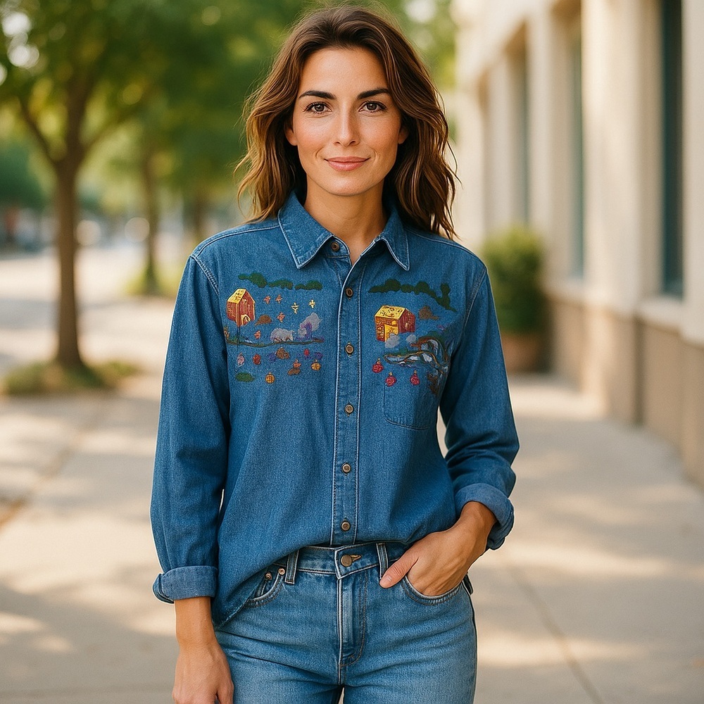 Karen Scott Blue Button Down Shirt with Embroidered Design
